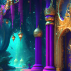 Opulent Fantasy Interior with Golden Accents & Purple Columns