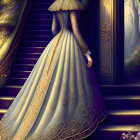 Elegant Woman in Detailed Dress on Grand Staircase