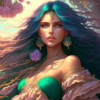 Fantasy illustration of woman with blue hair and glowing eyes in magical setting