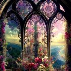 Colorful cosmic display with flowers and galaxies through a Gothic window frame