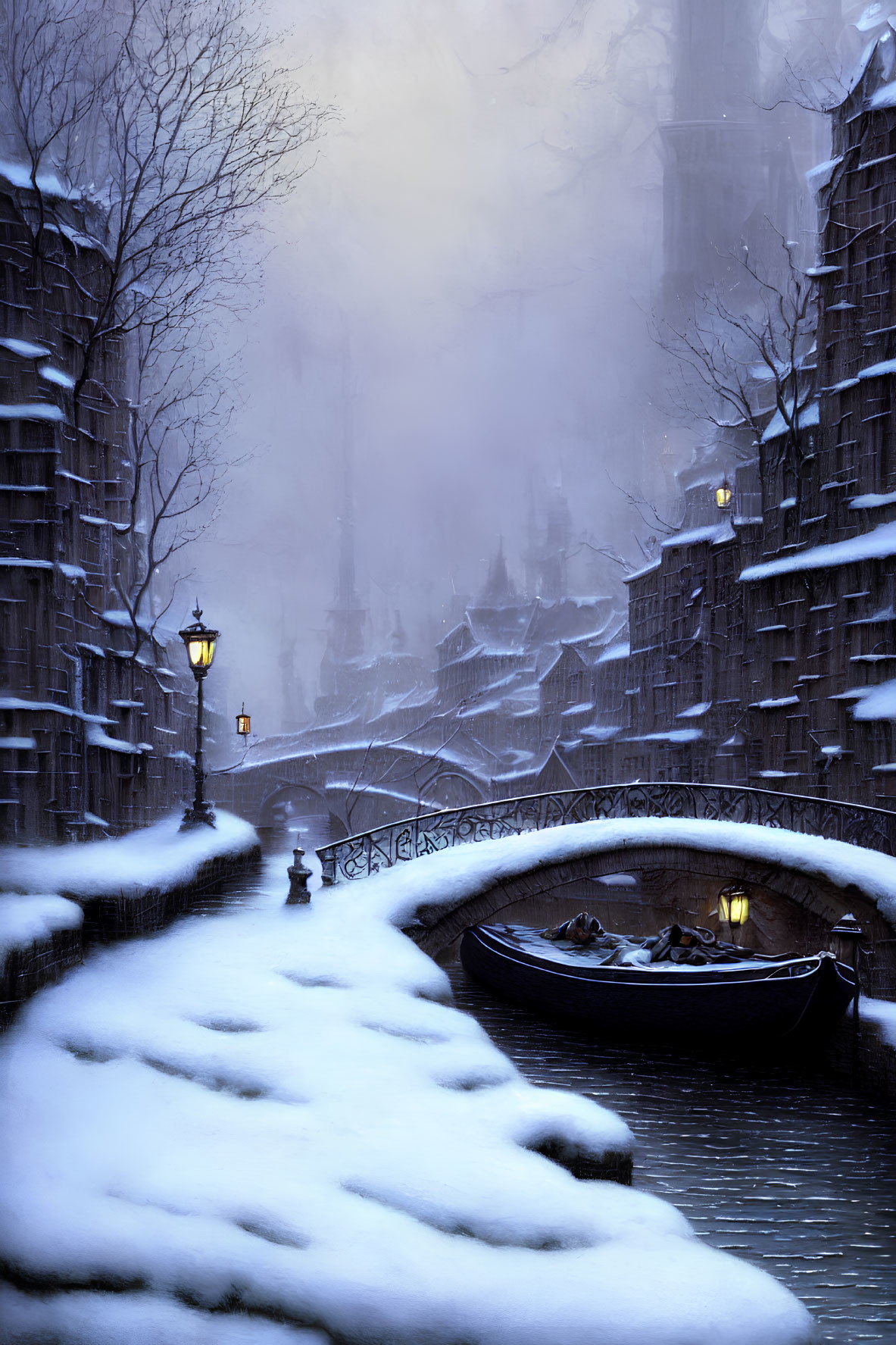 Snowy Canal Scene: Historical Buildings, Street Lamp, Boat under Bridge