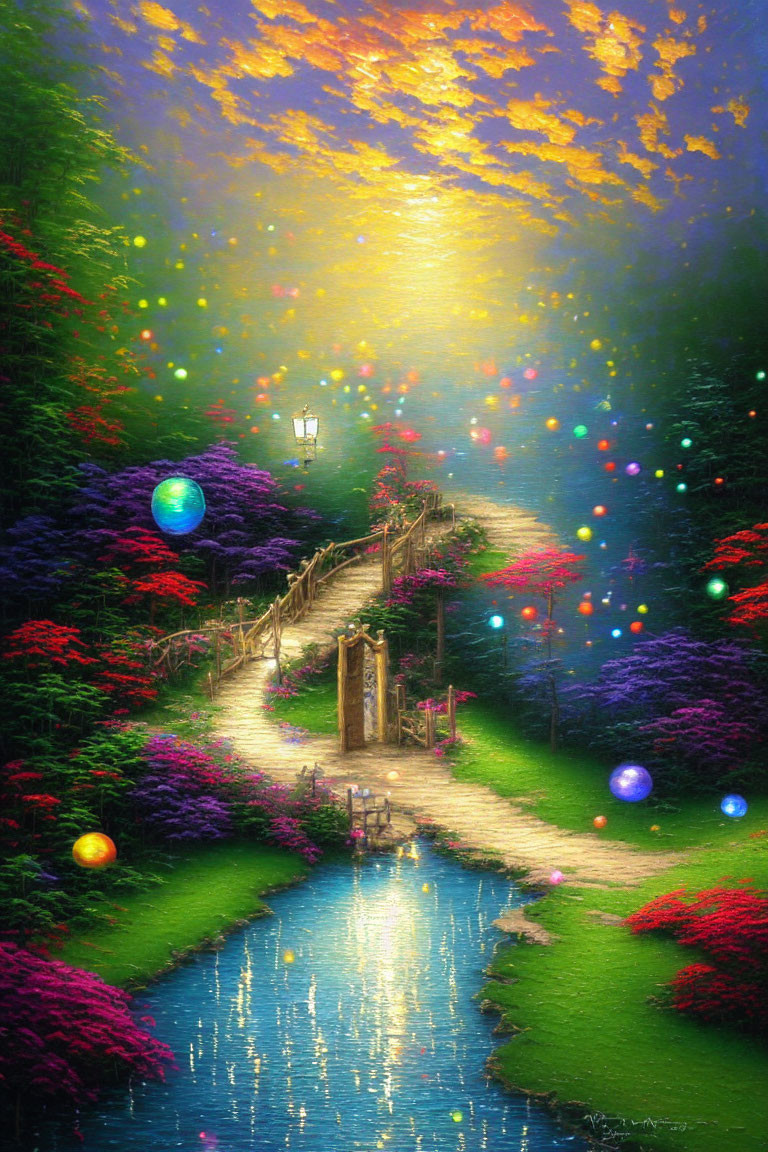 Colorful orbs and lush flora along tranquil river in fantastical landscape