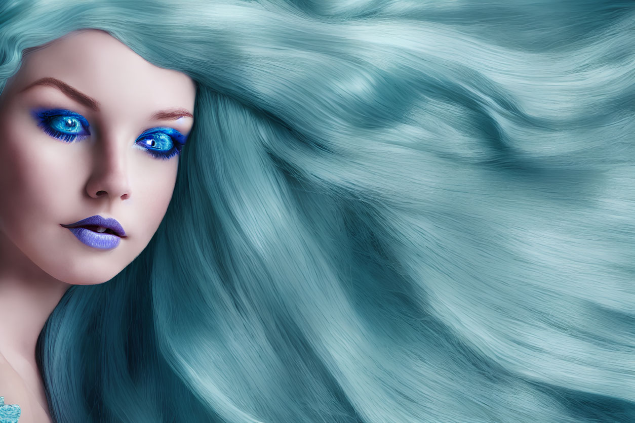 Digital Artwork: Woman with Vibrant Blue Eyes, Aqua Hair