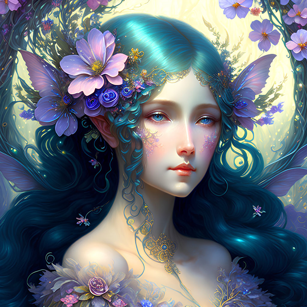 Fantastical female figure with blue hair, flowers, and butterfly wings against floral backdrop