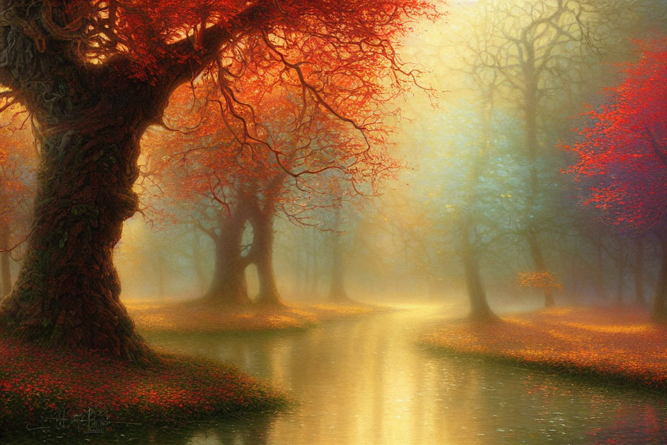 Autumn forest scene with fog, red and orange leaves, river, sunlight.