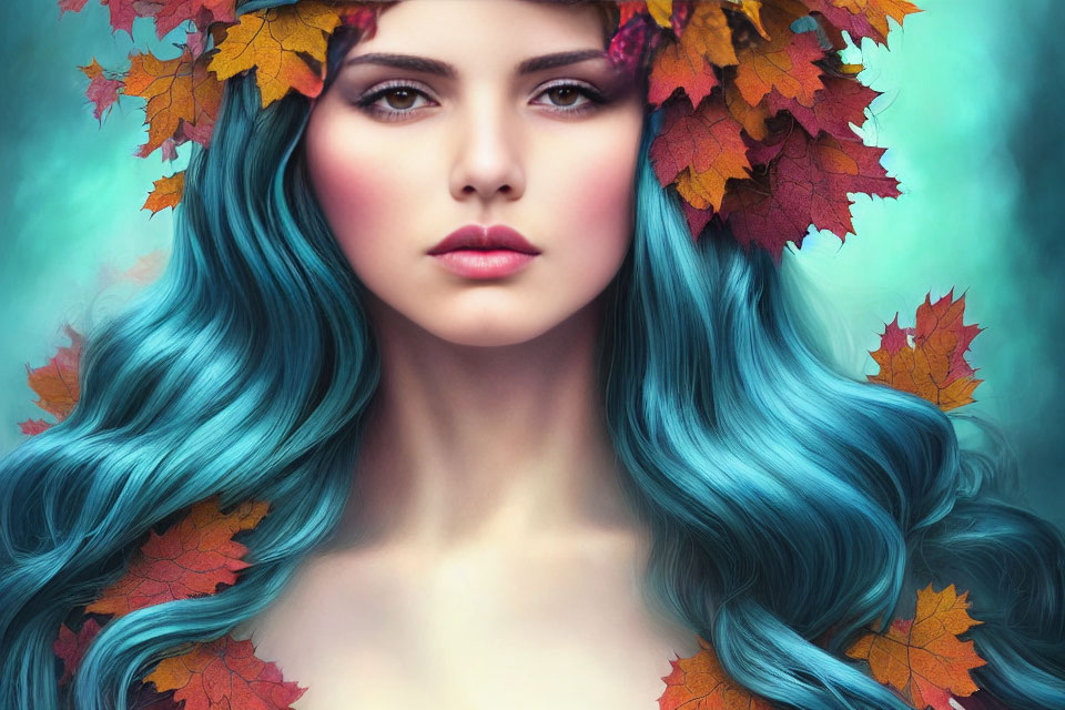 Fantasy portrait of a woman with vibrant blue hair and autumn leaves on teal backdrop