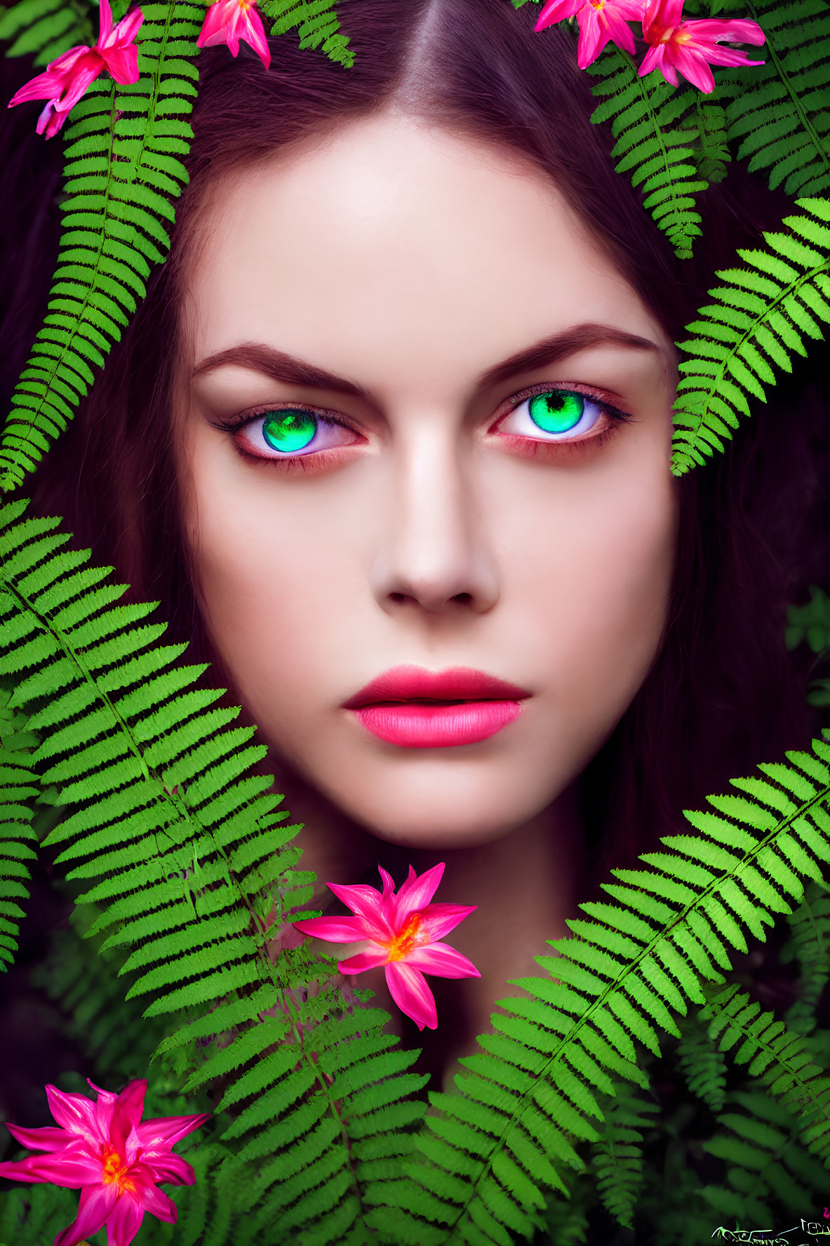 Woman with Blue Eyes and Pink Lips in Lush Green Ferns and Pink Flowers