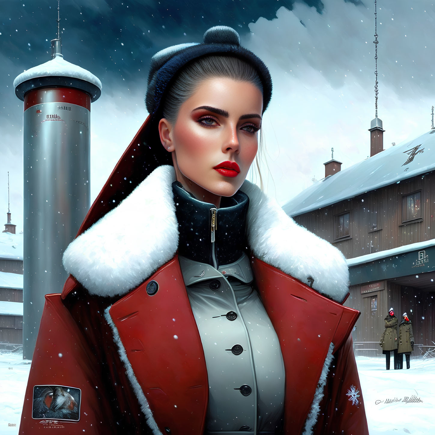 Digital Artwork: Woman in Red Coat in Snowy Village with Futuristic Elements