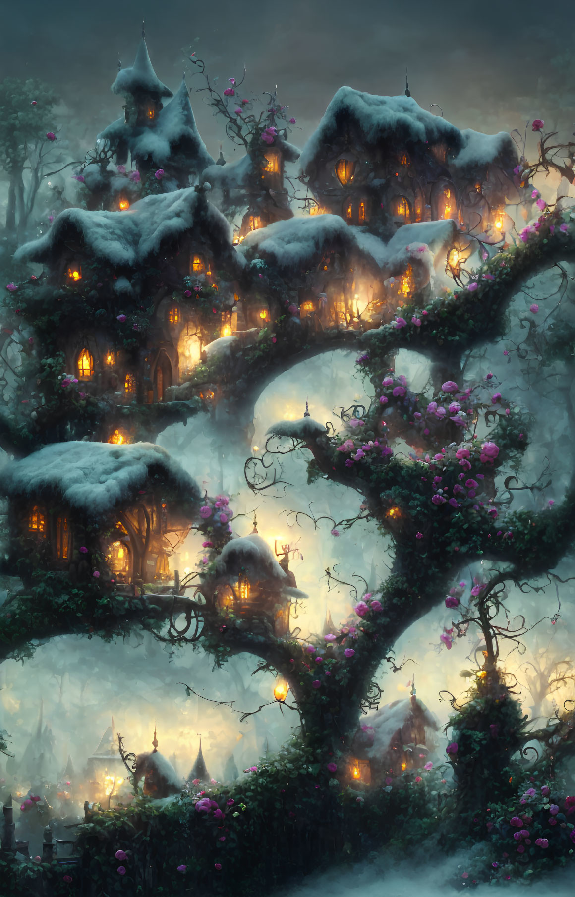 Glowing treehouses in snowy forest with blooming flowers