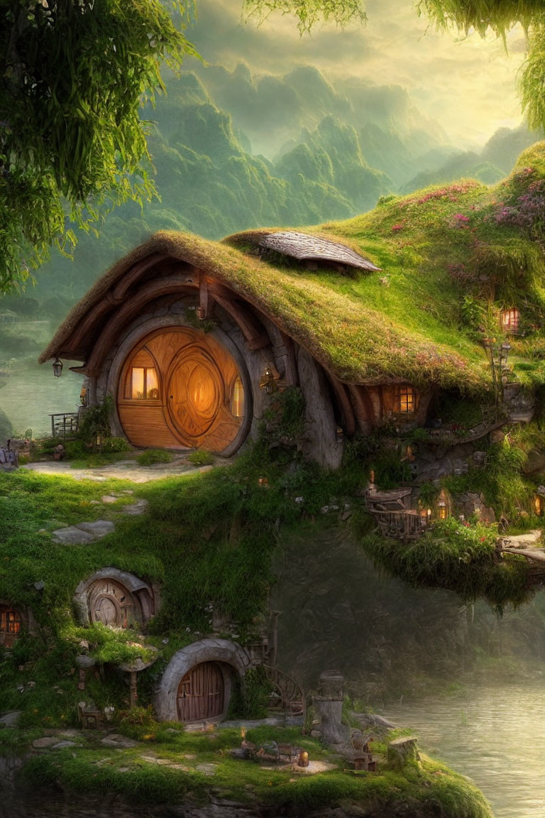 Quaint hobbit house nestled in lush hillside with round doors