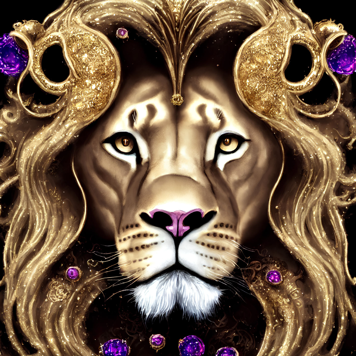 Majestic lion face with ornate gold and purple crown details