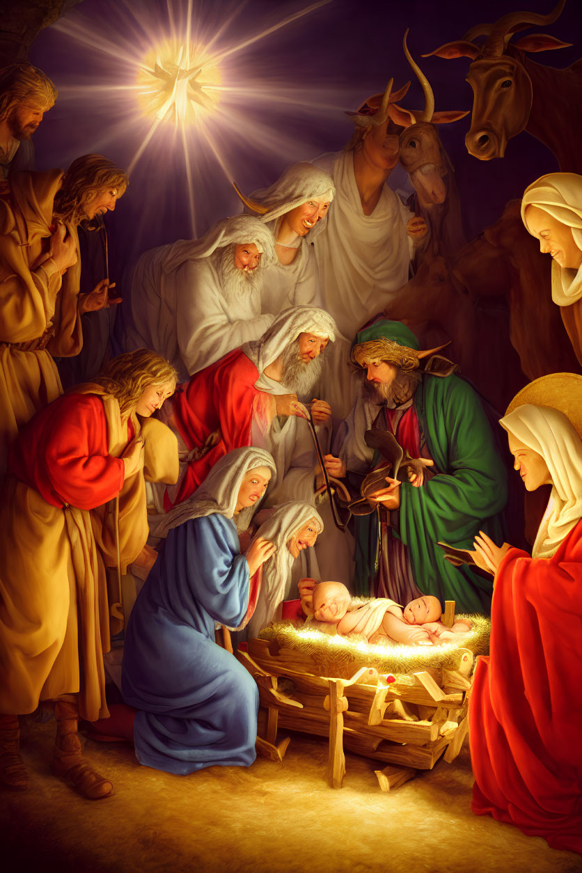 Traditional Nativity Scene with Baby Jesus, Mary, Joseph, Wise Men, Shepherds, and