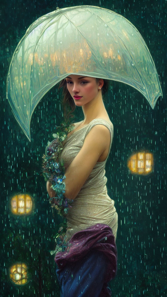 Woman with flower bouquet under rain holding transparent umbrella, glowing lanterns in background