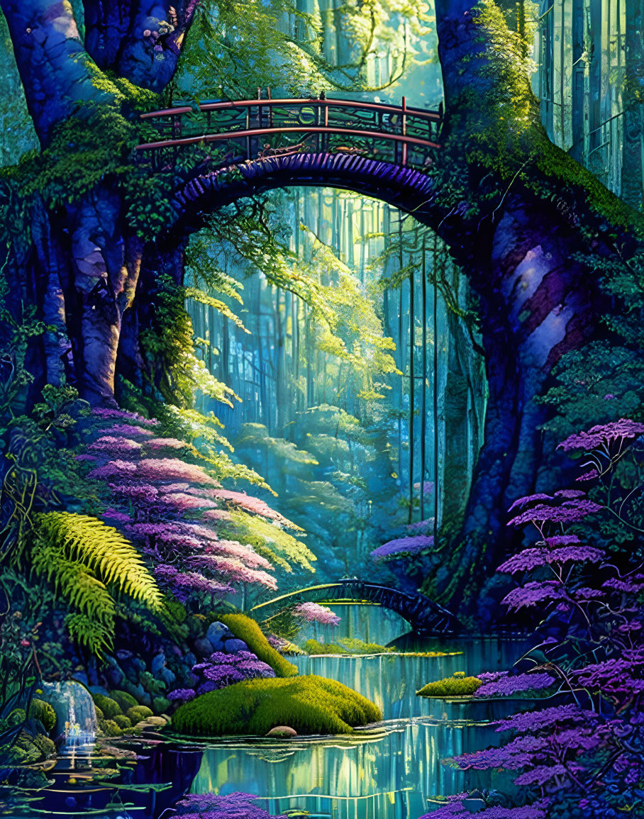 Tranquil forest scene with wooden bridge over stream