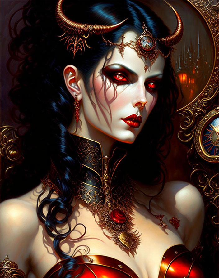 Illustration of female figure with dark hair, red eyes, horns, gold jewelry, and red gem