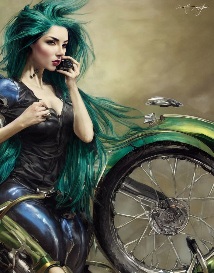 Vibrant teal-haired woman with motorcycle and fragrance bottle illustration