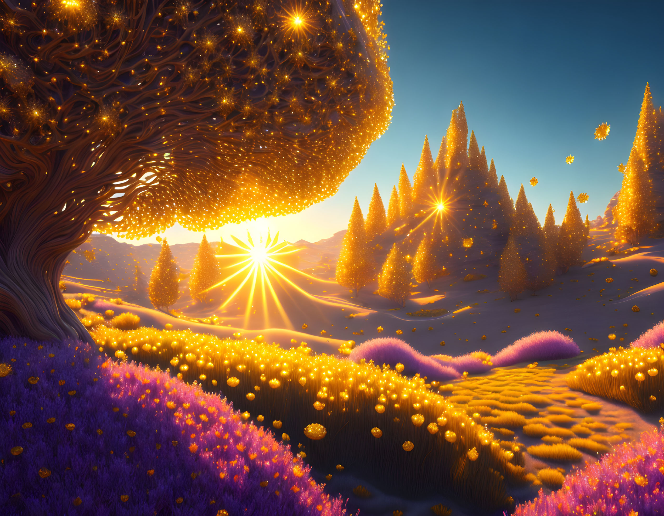 Vibrant fantasy landscape: glowing trees, sparkling grass, radiant sun, magical warmth