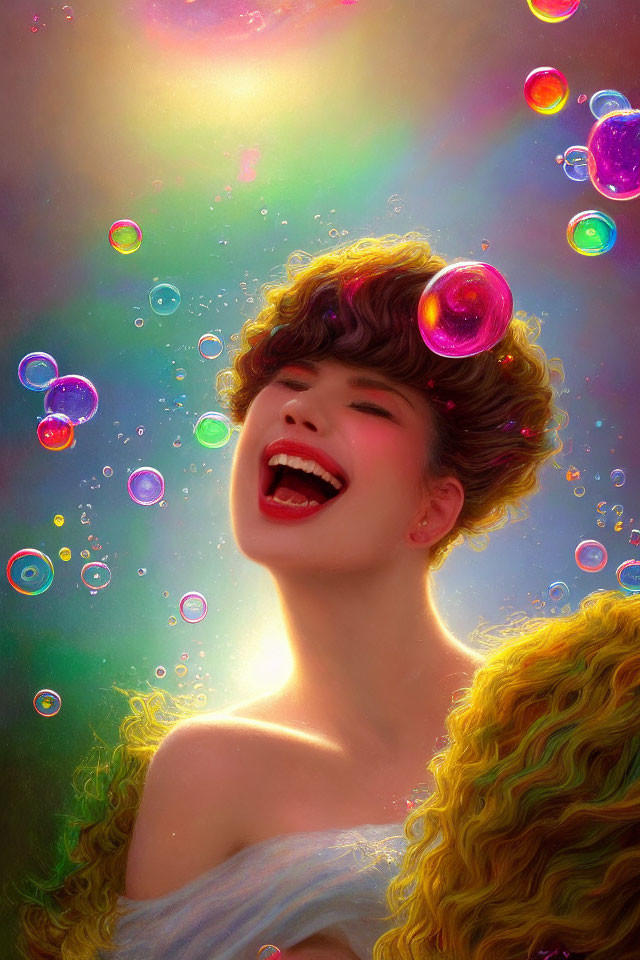 Curly-haired woman smiling surrounded by colorful bubbles on dreamy background