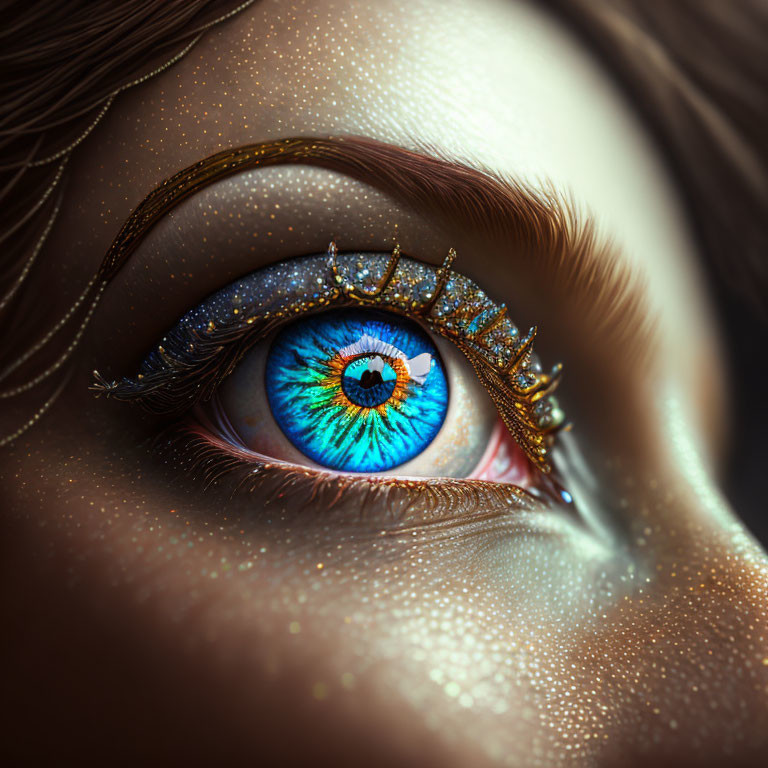 Detailed image of blue iris with golden eyelash accessory on freckled skin