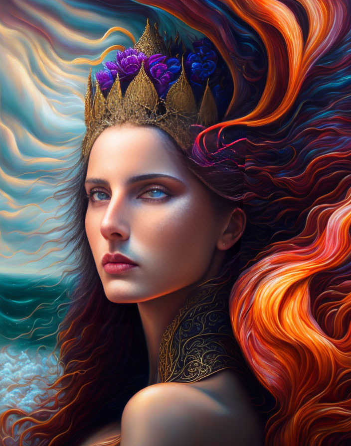 Portrait of a woman with fiery hair, purple flower crown, blue eyes, and gold shoulder armor