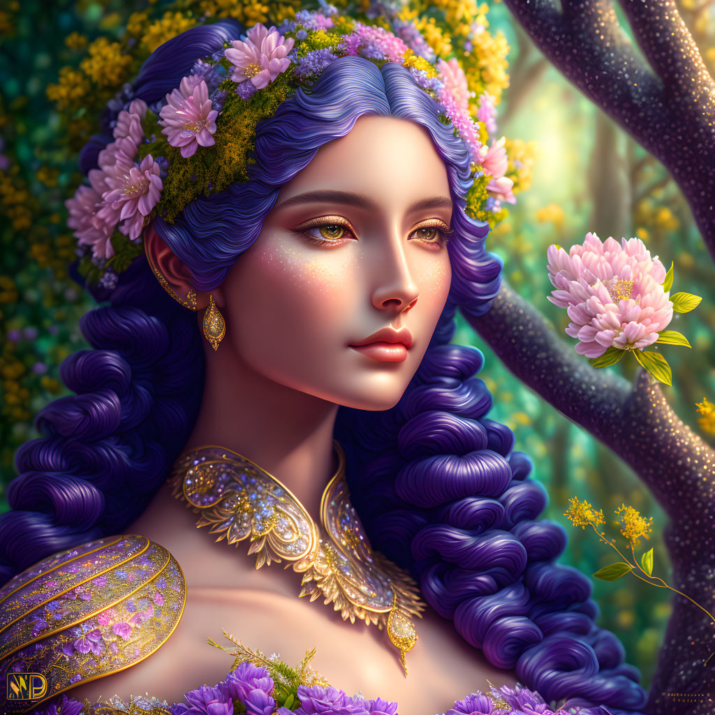 Digital artwork featuring woman with purple hair, gold shoulder piece, and floral background