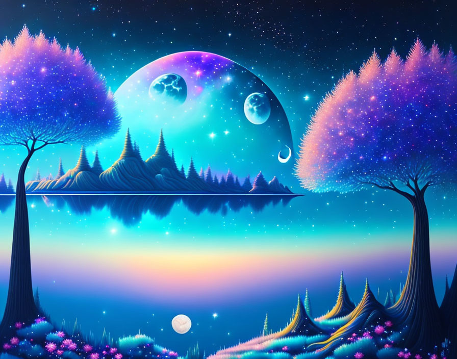 Fantasy Landscape with Glowing Flora, Floating Islands, and Multiple Moons