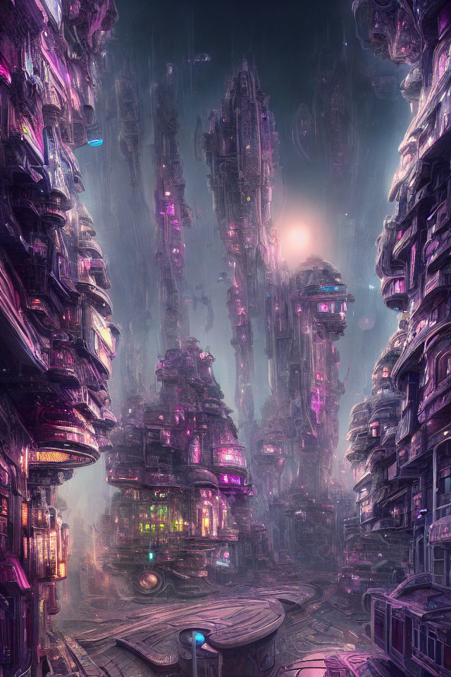 Futuristic cyberpunk cityscape with neon-lit skyscrapers at dusk