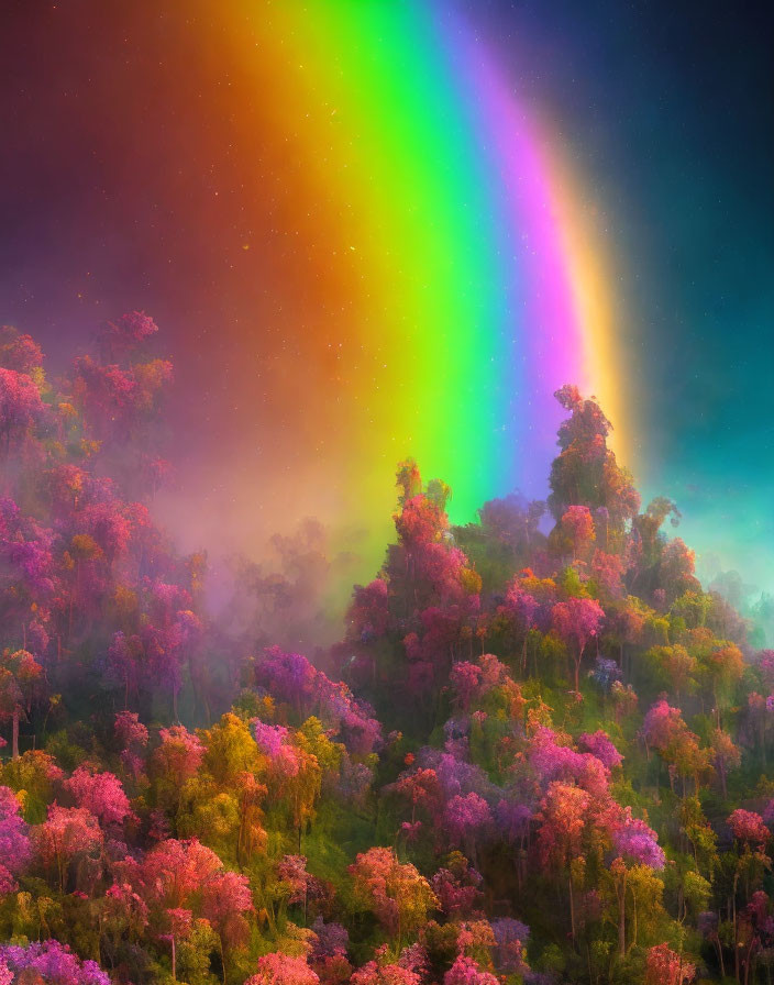 Colorful Rainbow Over Misty Forest with Pink and Purple Foliage