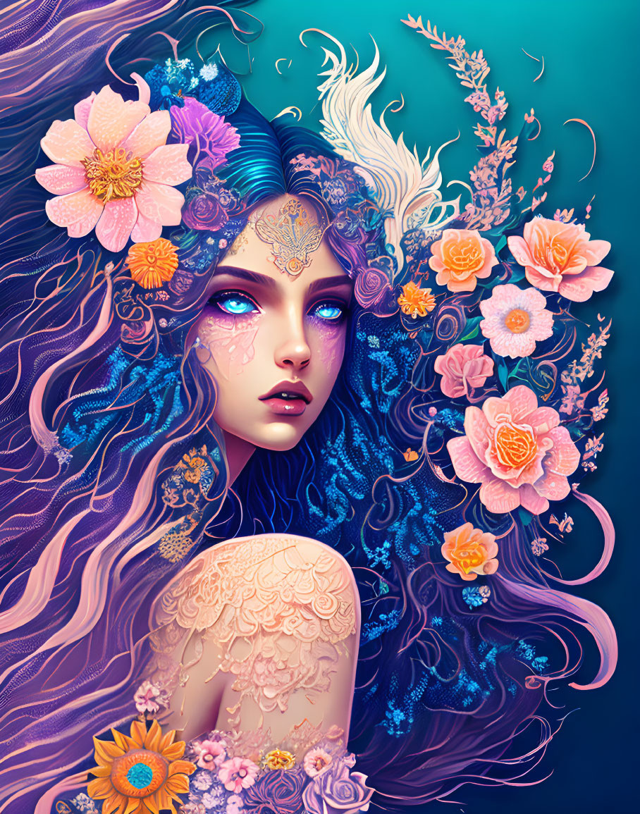 Colorful illustration: Woman with blue eyes and floral/feather designs