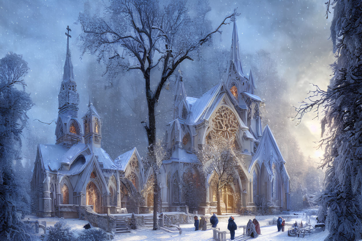 Snow-covered Gothic church in serene winter scene