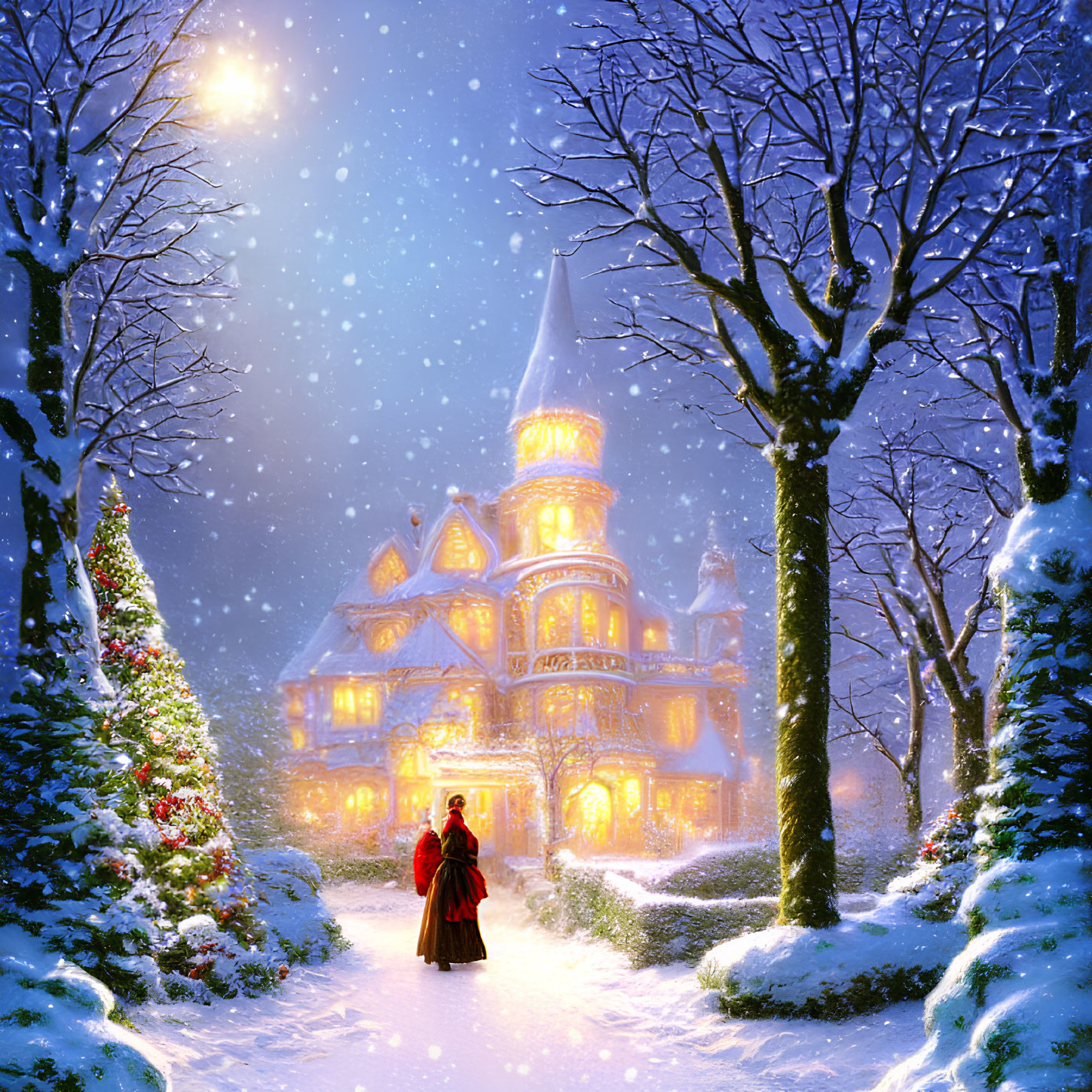 Person in Red Cloak Walking to Snow-Covered House at Night