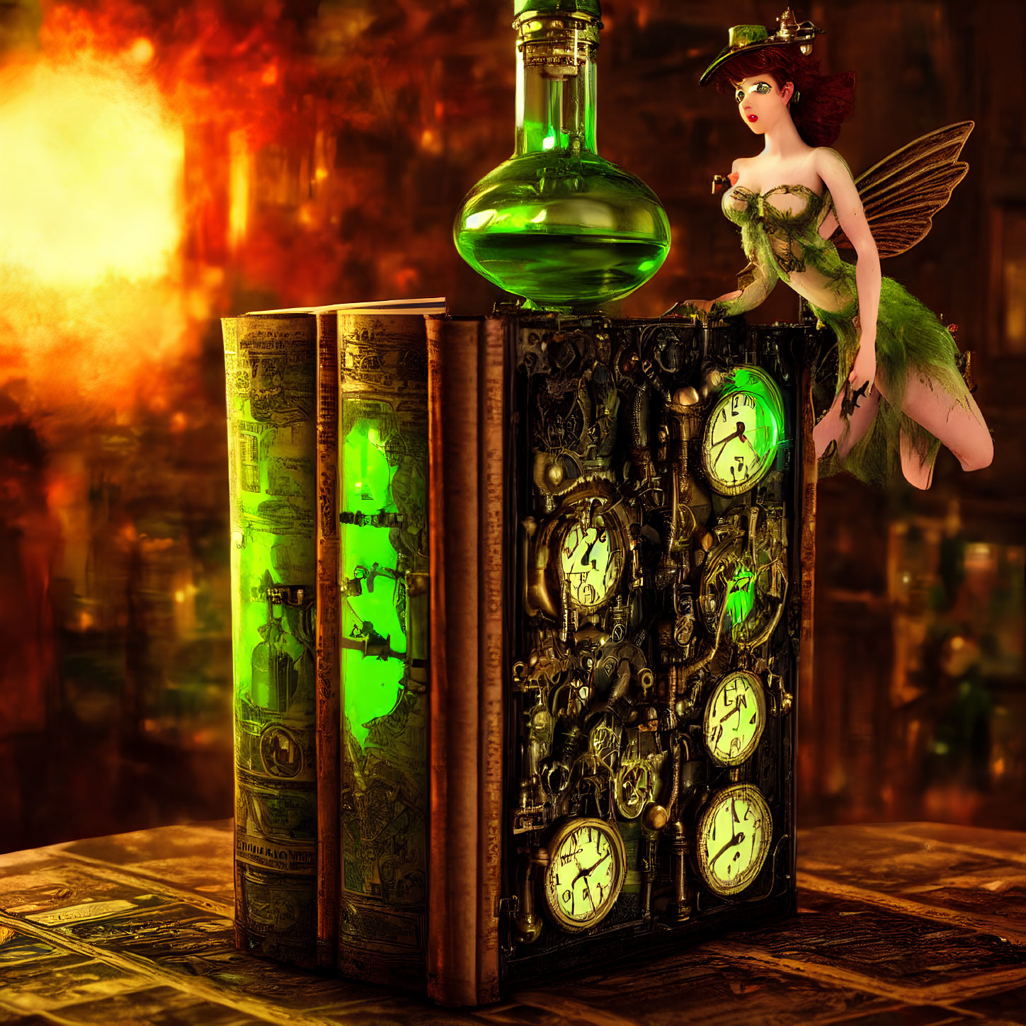 Fairy on Steampunk Books with Green Potion in Warm Setting