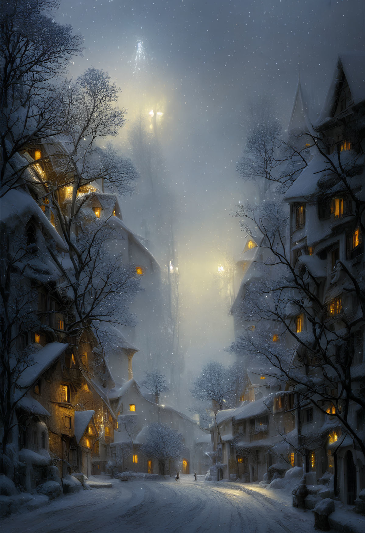 Snow-covered Street with Illuminated Windows and Person Walking at Night