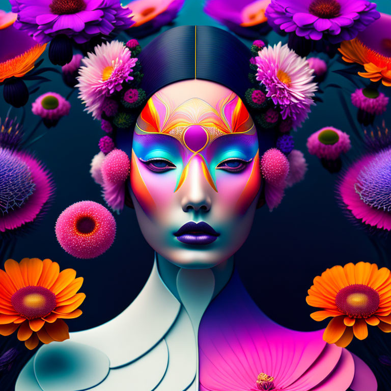 Colorful digital artwork of woman with face paint and flowers on dark background