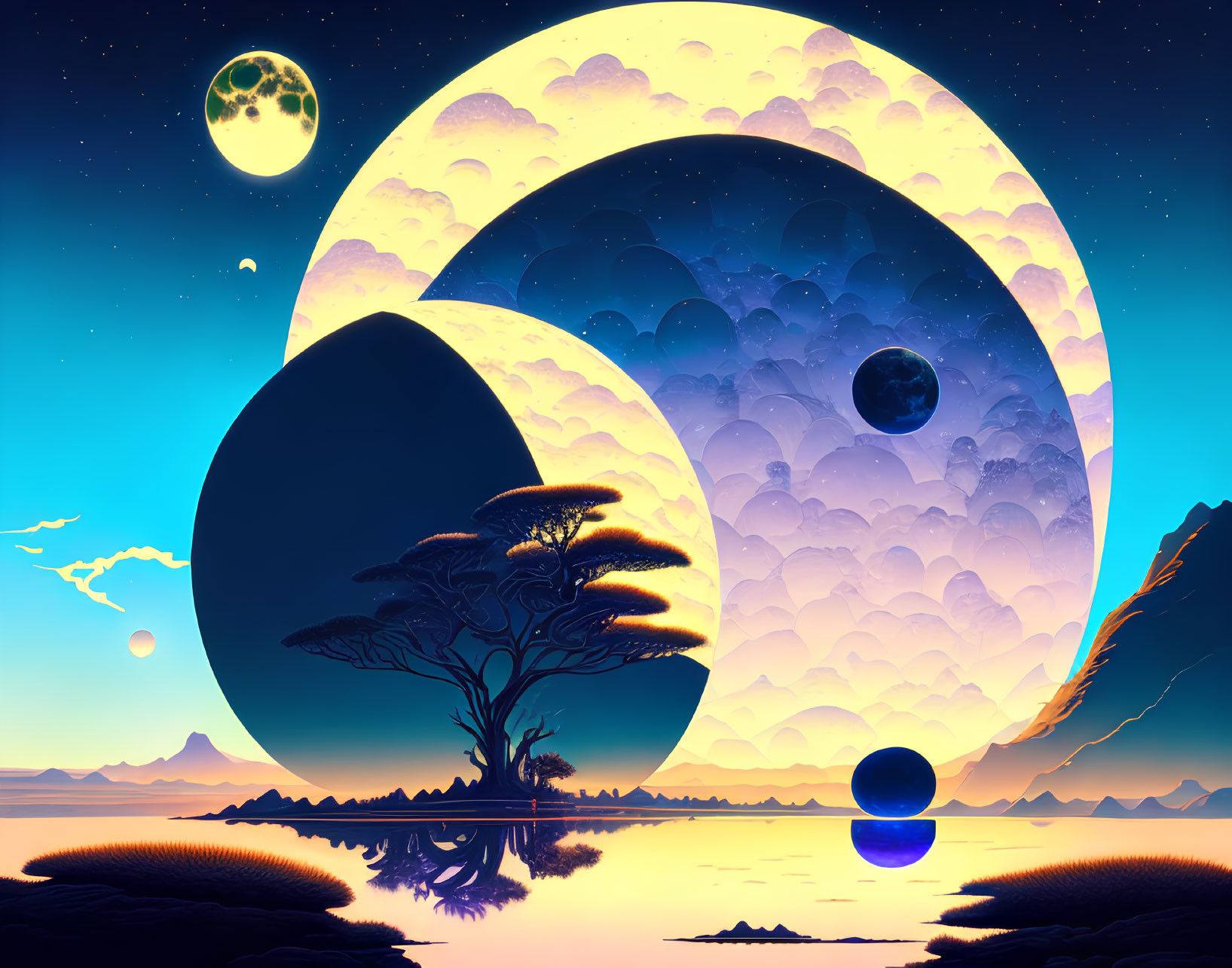 Surreal landscape with lone tree, celestial bodies, and twilight sky