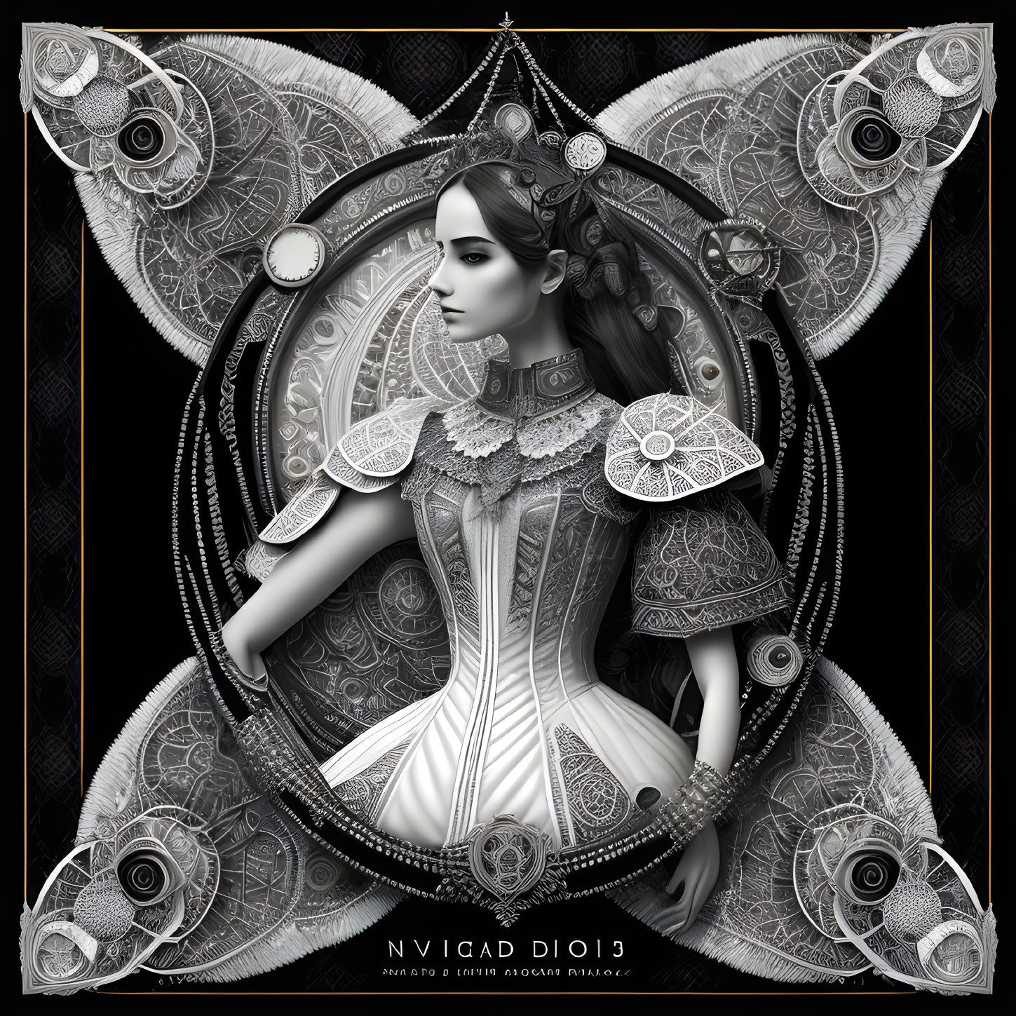 Intricate grayscale artwork of Victorian woman with mechanical butterfly wings