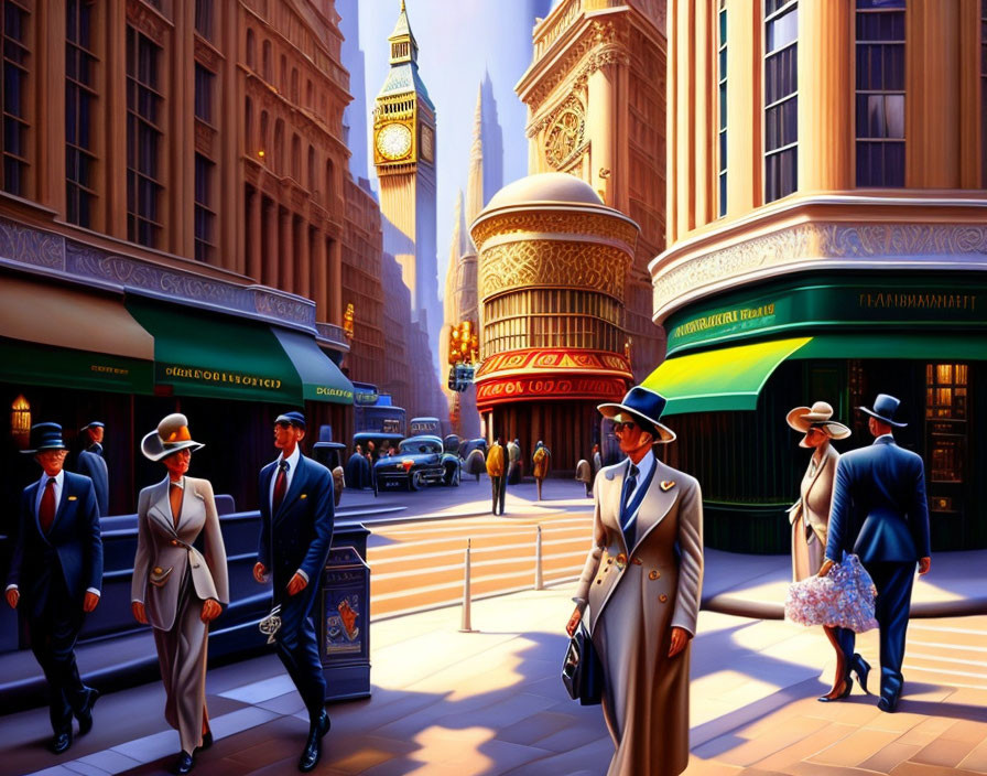 Illustration of people on sunlit street with Big Ben, vintage London vibe