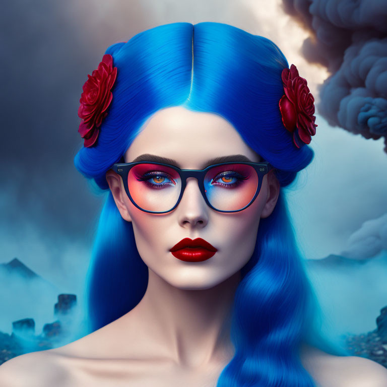 Portrait of woman with blue hair, red flowers, red lipstick, pink glasses against stormy backdrop