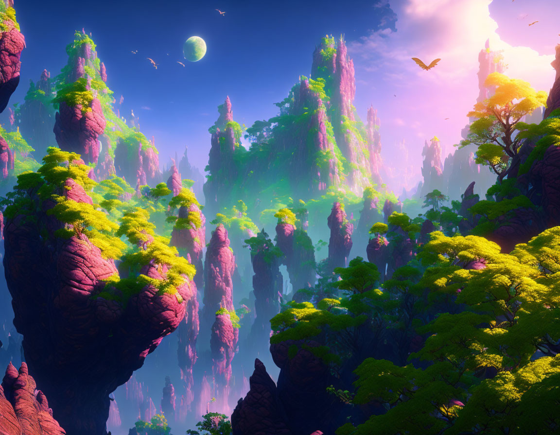 Fantasy landscape with moss-covered rock pillars and vibrant sky