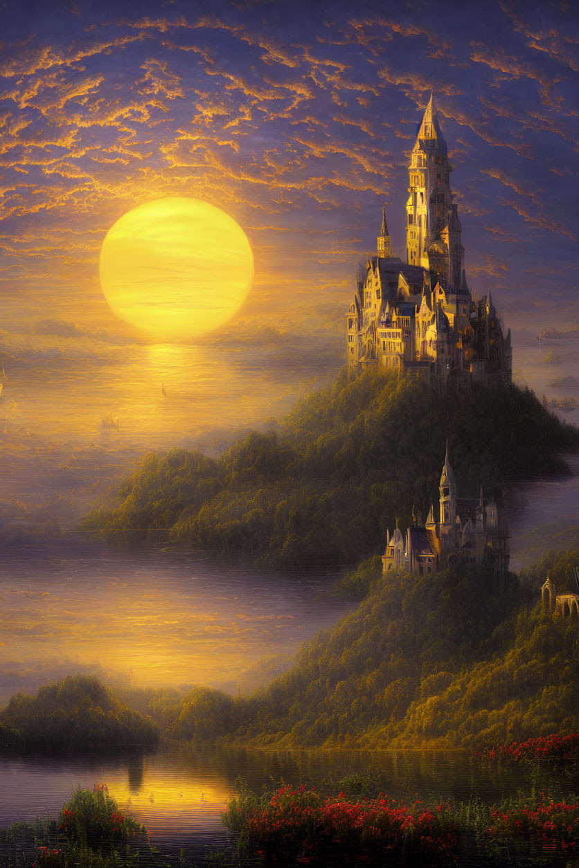 Fairytale castle on a hill at sunset with river view