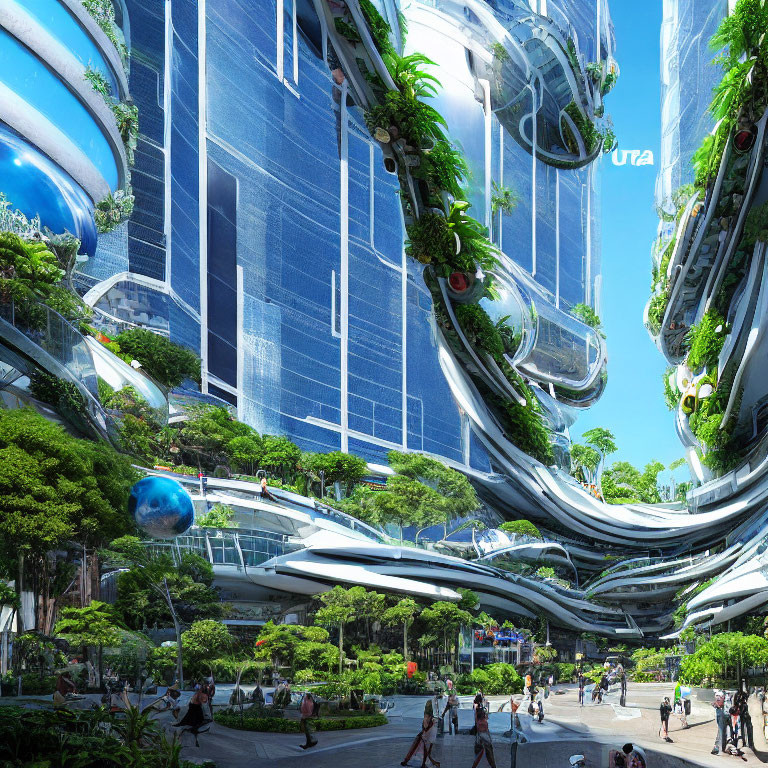 Futuristic cityscape with green-adorned high-rise buildings