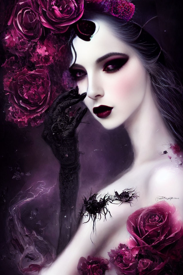 Gothic female figure with dark makeup and roses in hair, purple and black color scheme