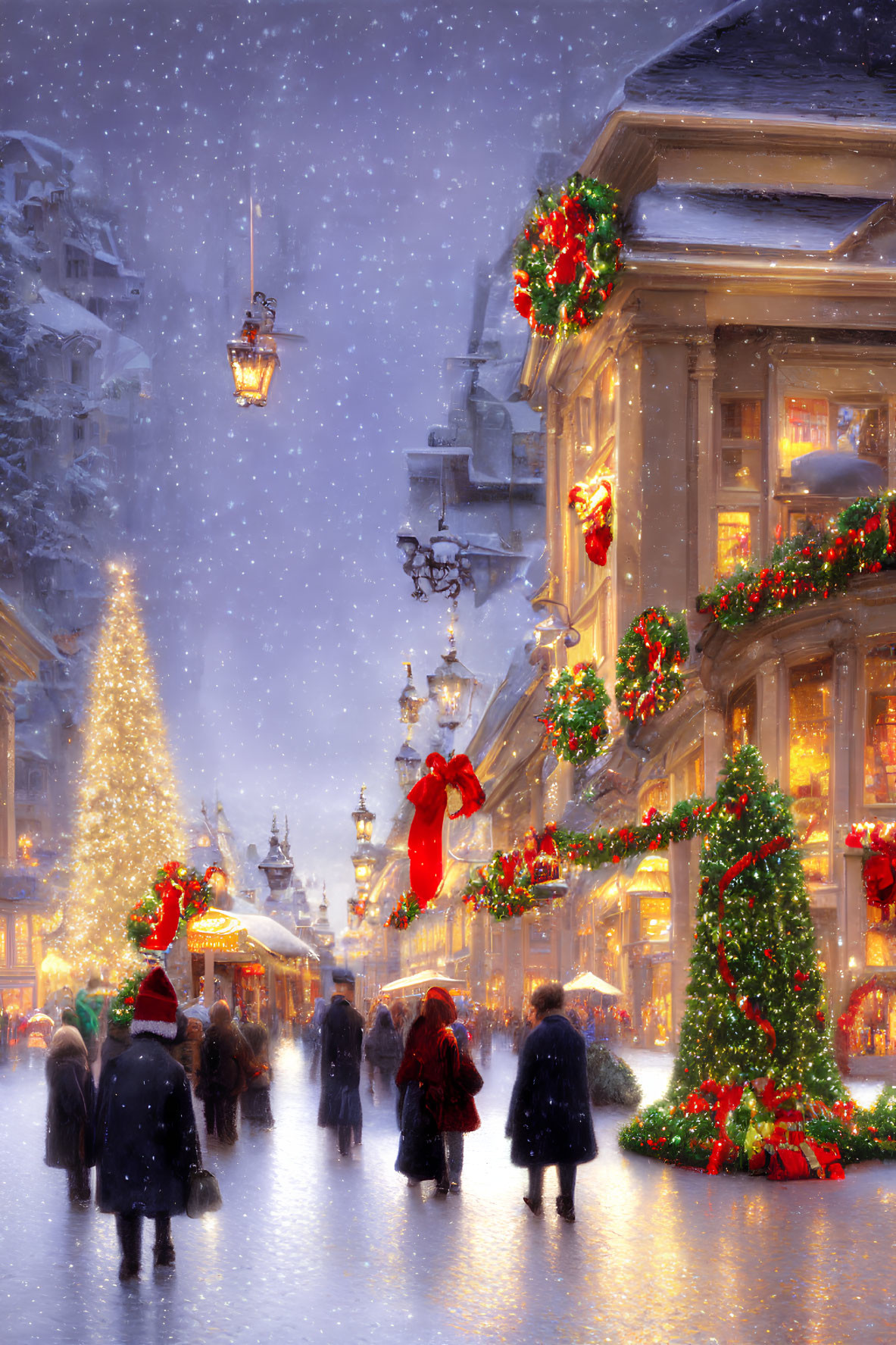 Festive street scene with Christmas tree, snowfall, and ornate lights