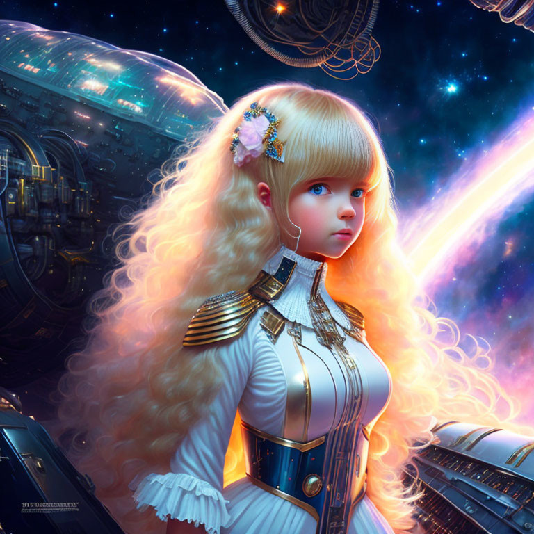 Blond-Haired Girl in White Military Uniform in Cosmic Scene