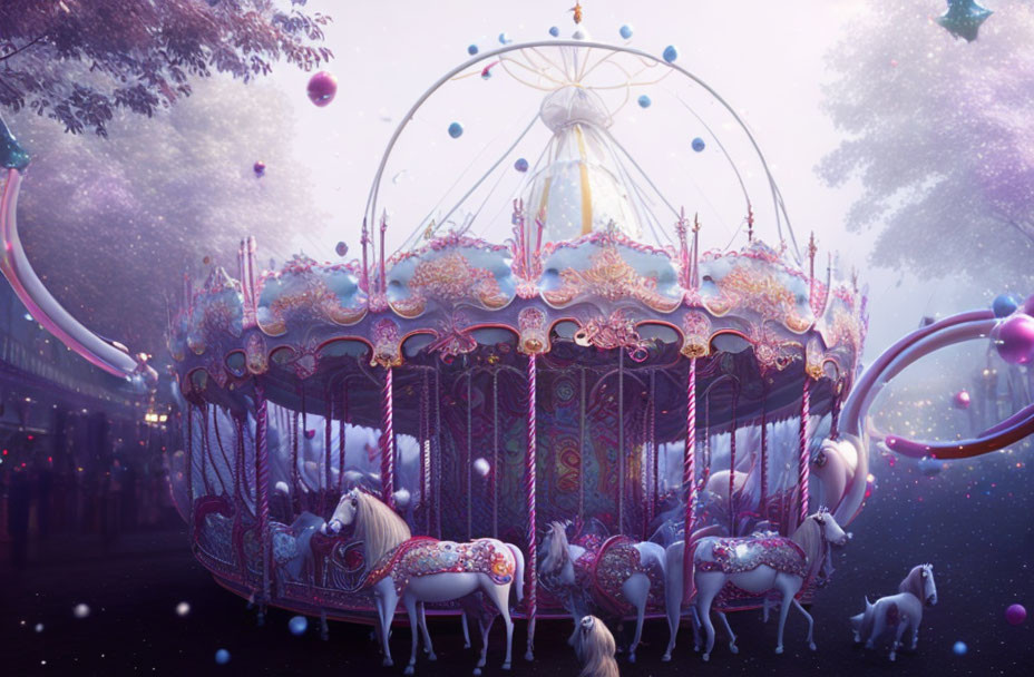 White horses carousel in mystical purple haze