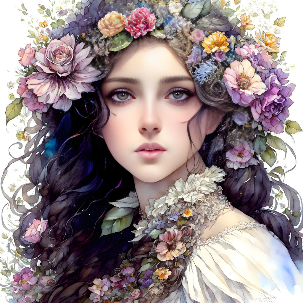 Dark-haired woman with floral wreath and expressive eyes.