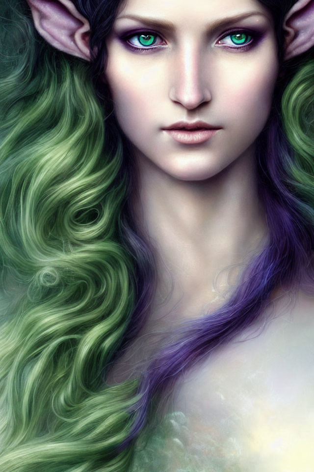 Fantasy character portrait with pointed ears, green wavy hair, striking green eyes, and purple accents