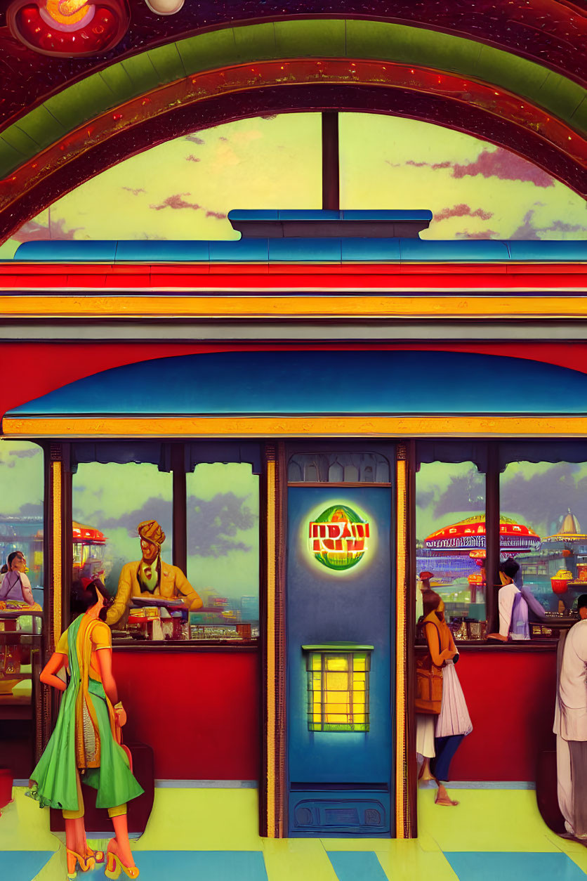 Colorful Retro Diner Illustration with Amusement Park View