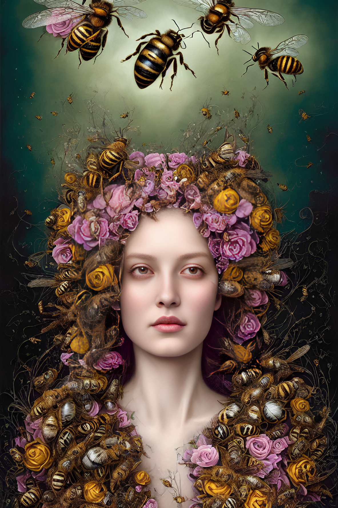 Woman with serene expression crowned with roses and bees symbolizing nature harmony