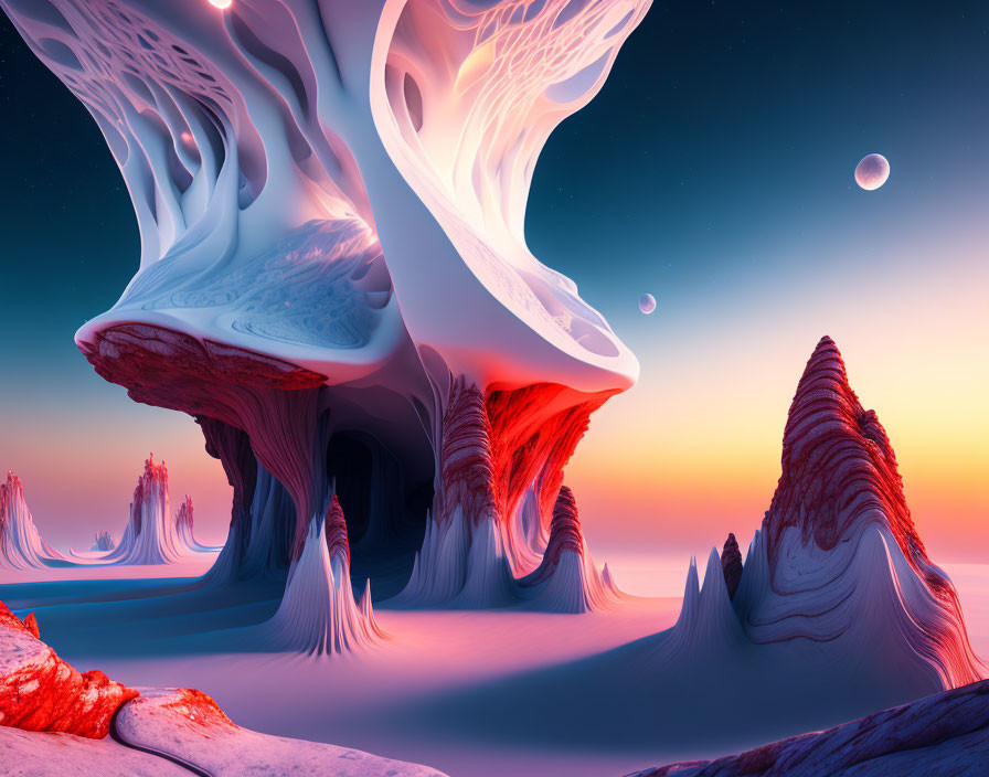 Surreal dusk landscape with alien-like trees and multiple moons